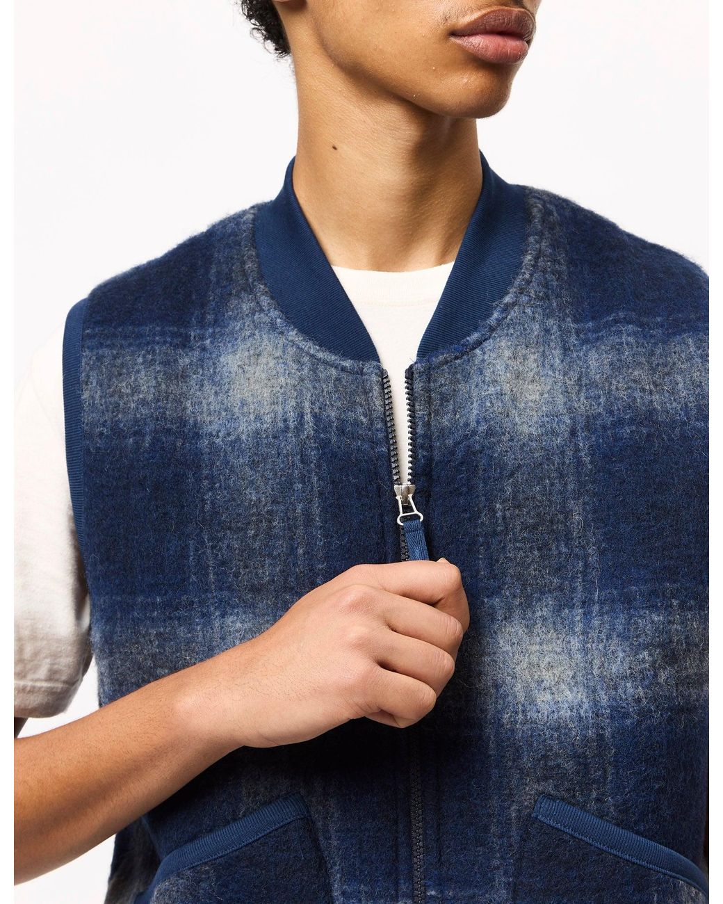 Universal Works Blue Zip Waistcoat (Fresco Fleece) for men