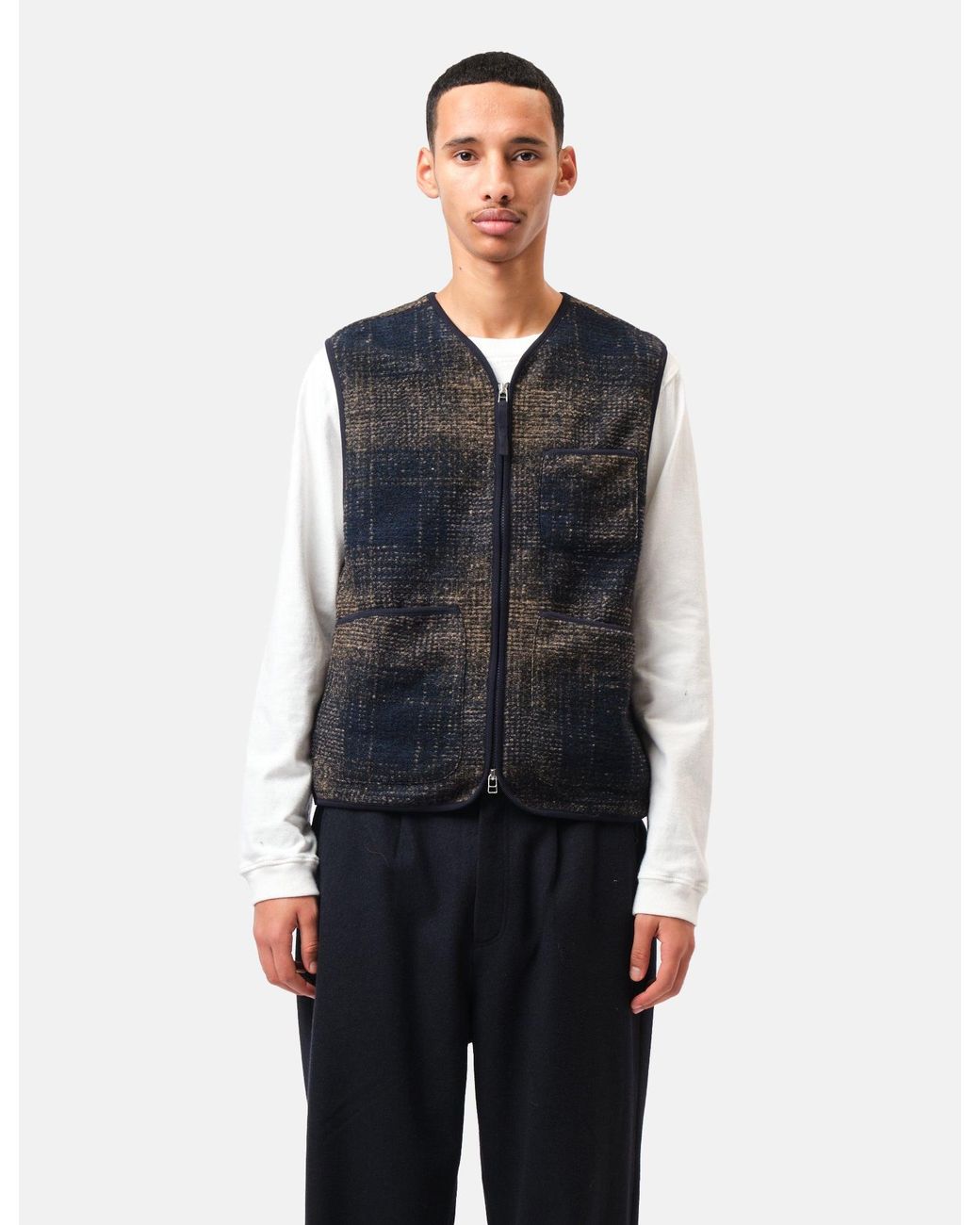 Universal Works Blue Zip Gilet (Deca Check) for men