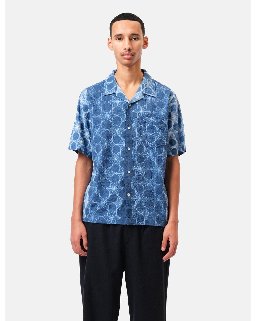Universal Works Blue Road Shirt (Needle Tye N Dye) for men