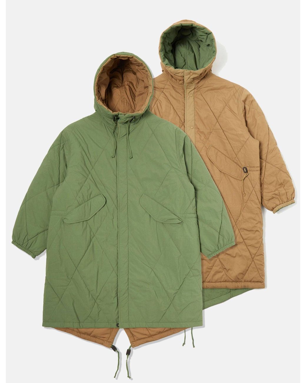 Universal Works Green Diamond Quilt Parka Jacket for men