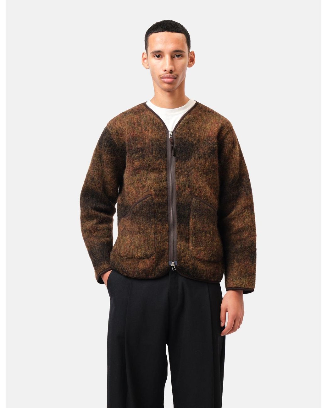 Universal Works Brown Zip Liner Jacket (Alps Fleece) for men