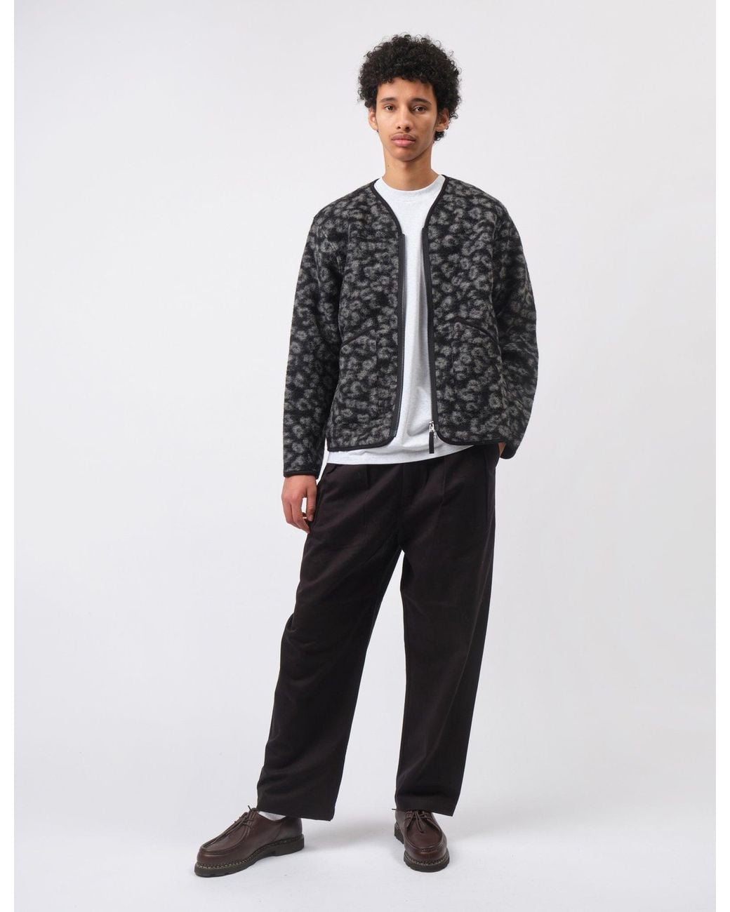 Universal Works Gray Zip Liner Fleece Jacket (Leopard) for men