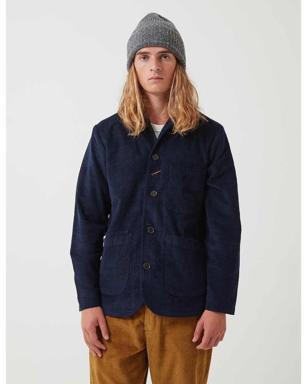 Universal Works Blue Long Watch Fleck Beanie Hat for men
