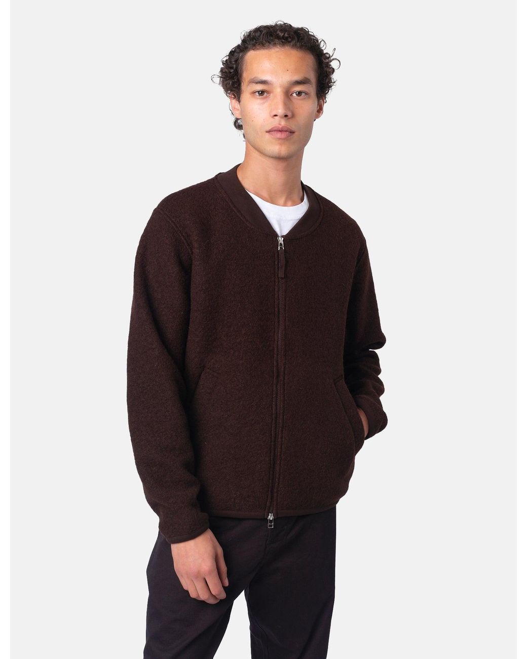 Universal Works Brown Zip Bomber Jacket (Wool Fleece) for men