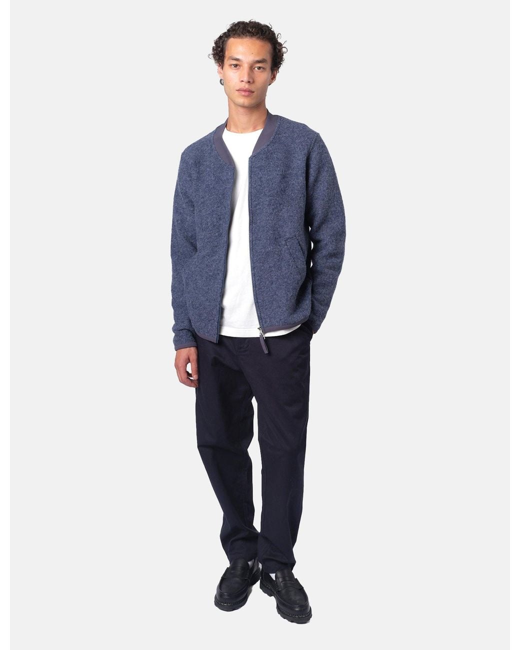Universal Works Blue Zip Bomber Jacket (Wool Fleece) for men