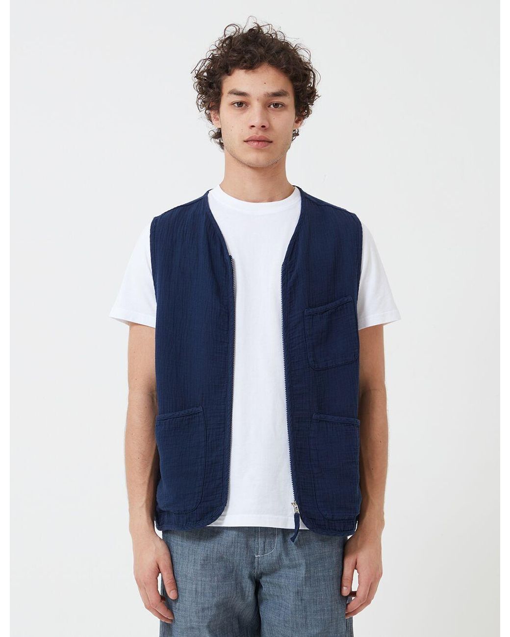 Universal Works Blue Zip Chore Waistcoat (Dual Lincot) for men