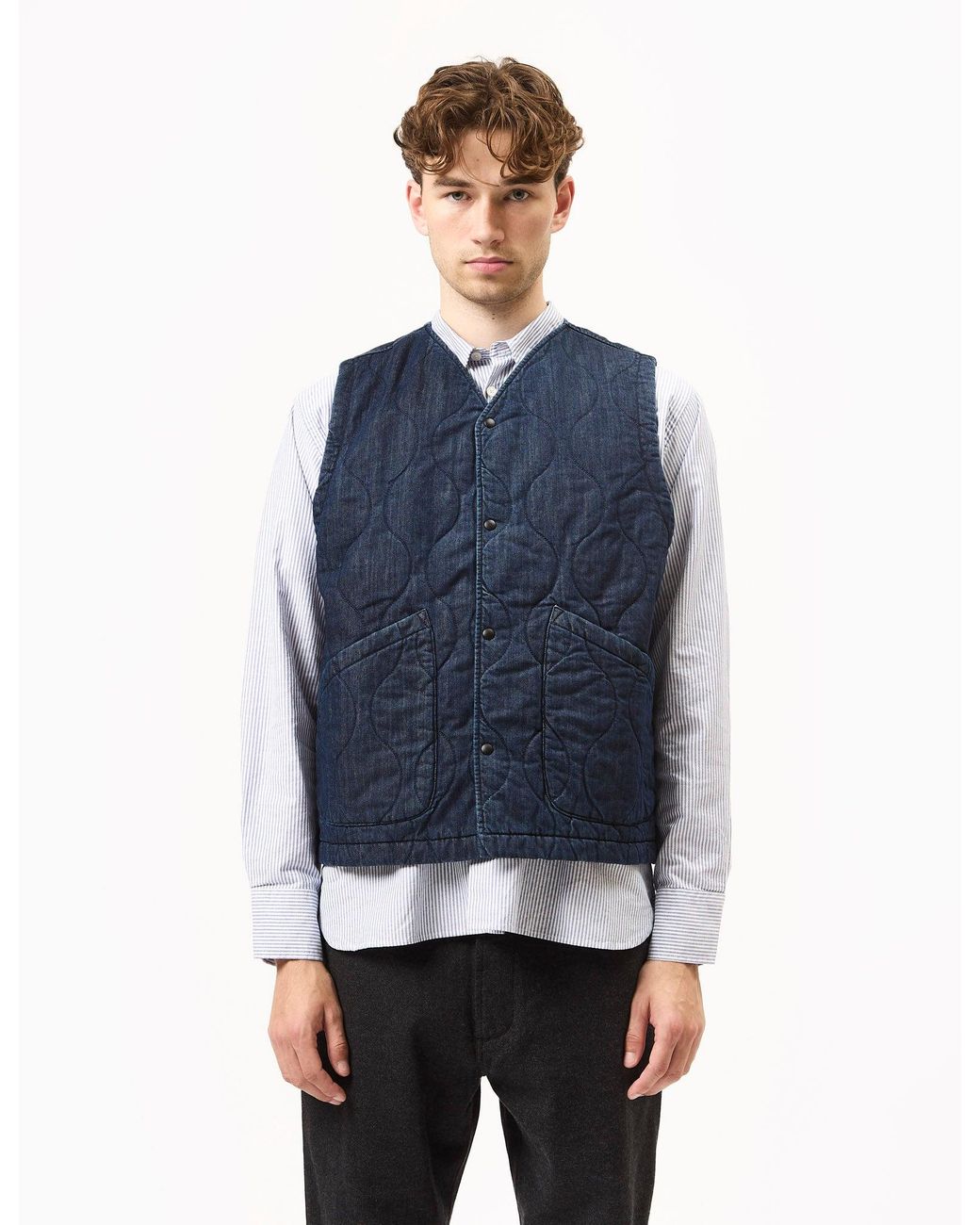 Universal Works Blue Weekend Gilet (Quilt Denim) for men