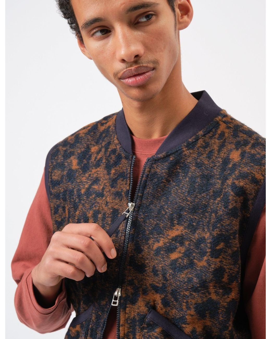 Universal Works Red Zip Waistcoat (Night Leopard) for men