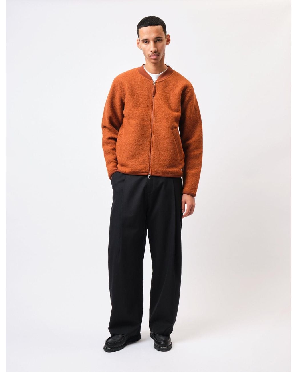 Universal Works Orange Zip Bomber Jacket (Wool Fleece) for men