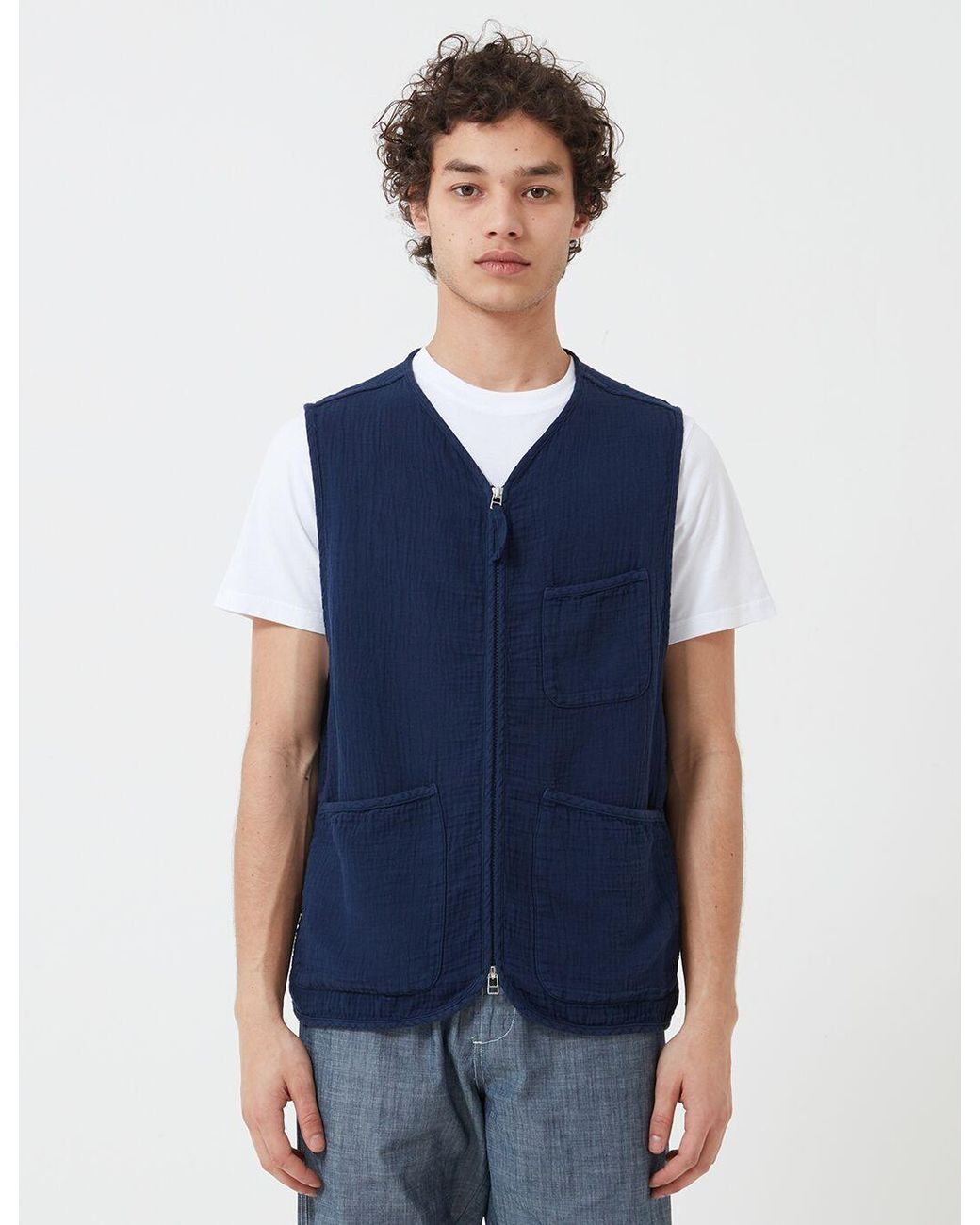 Universal Works Blue Zip Chore Waistcoat (Dual Lincot) for men