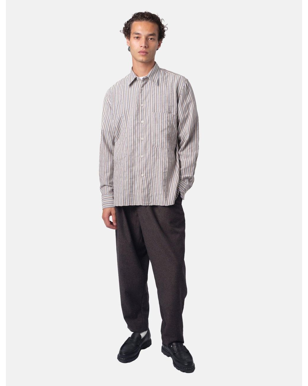 Universal Works Gray Station Shirt (Madison Stripe) for men