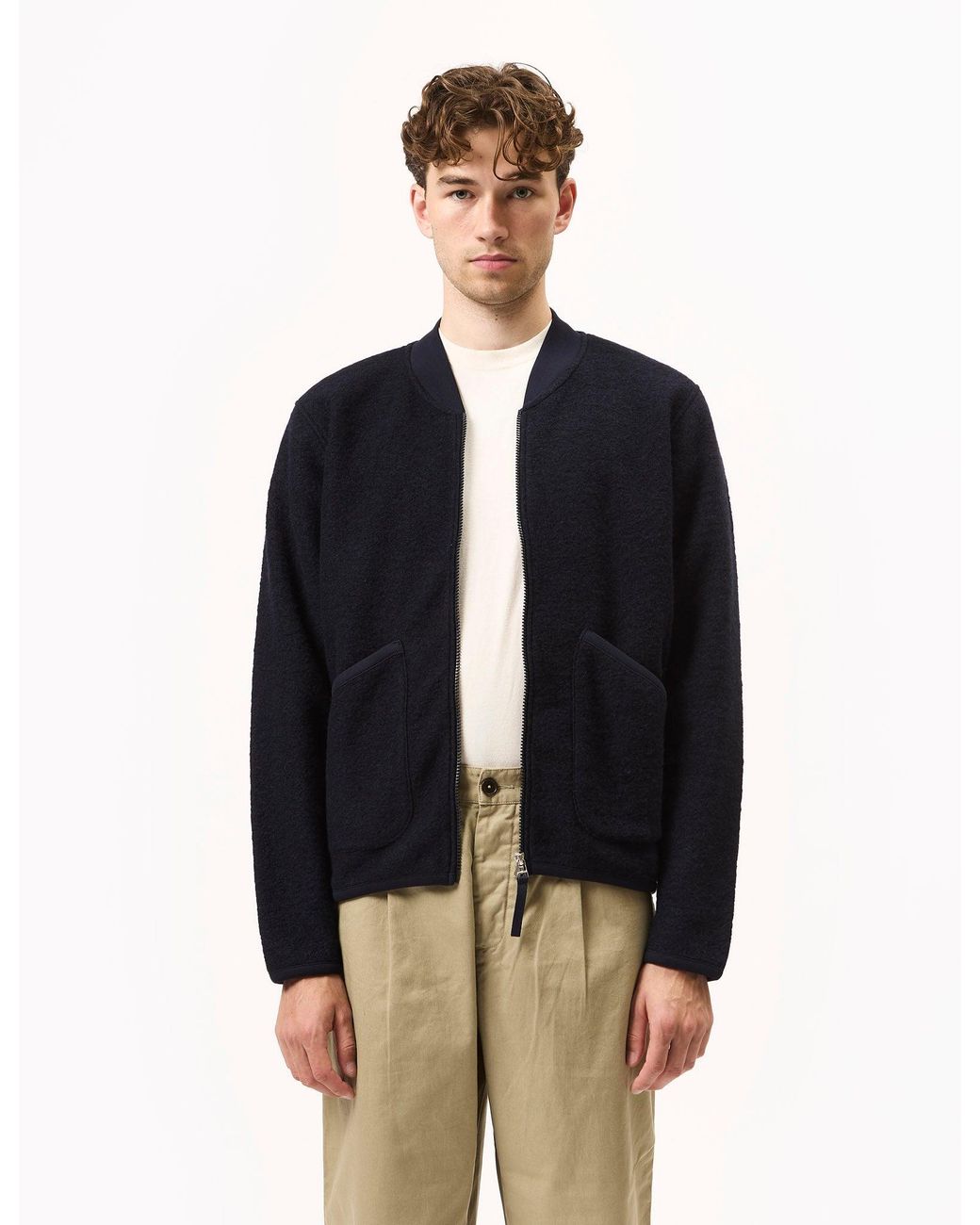 Universal Works Blue Zip Bomber (Wool Fleece) for men