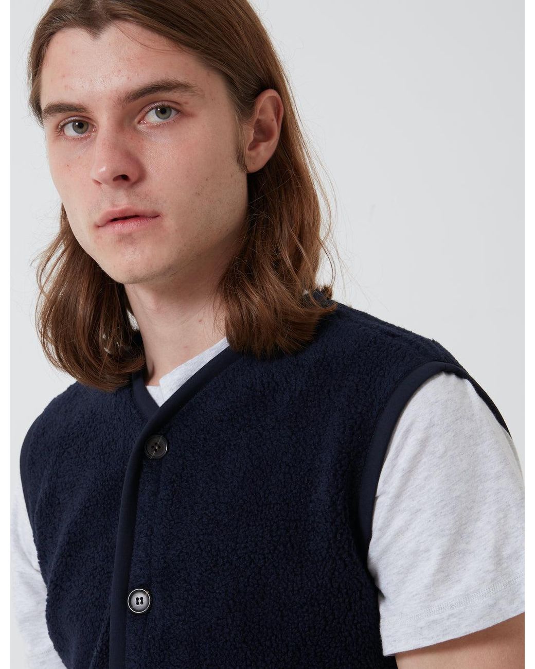 Universal Works Blue Lancaster Gilet (Mountain Fleece) for men