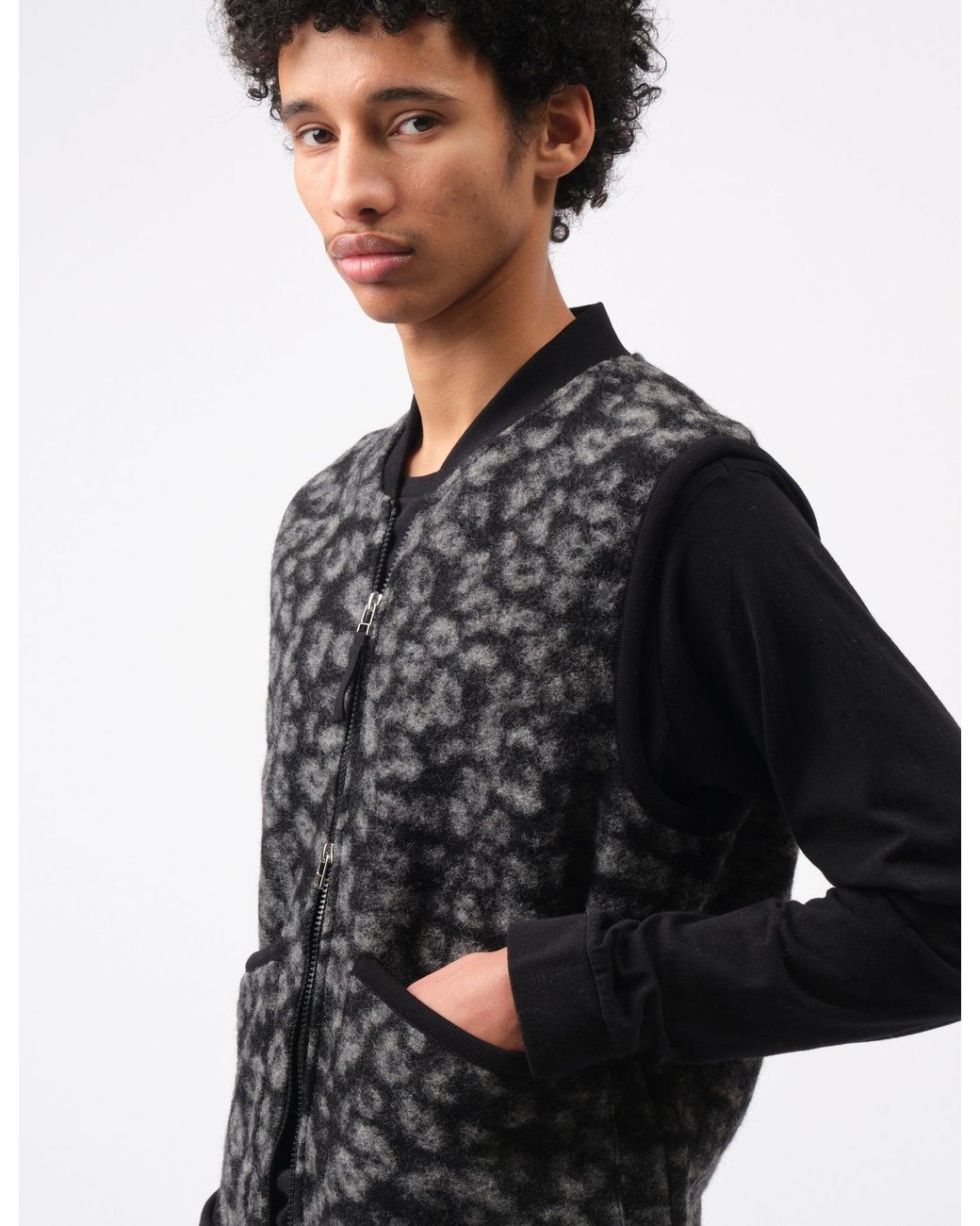 Universal Works Black Zip Fleece Waistcoat (Leopard) for men