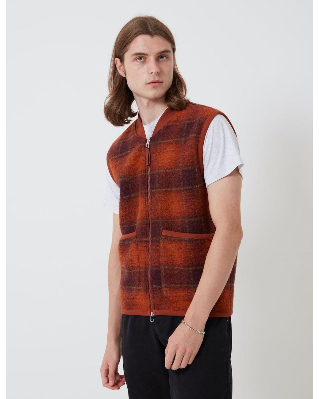 Universal Works Red Zip Waistcoat (Austin Wool Fleece) for men
