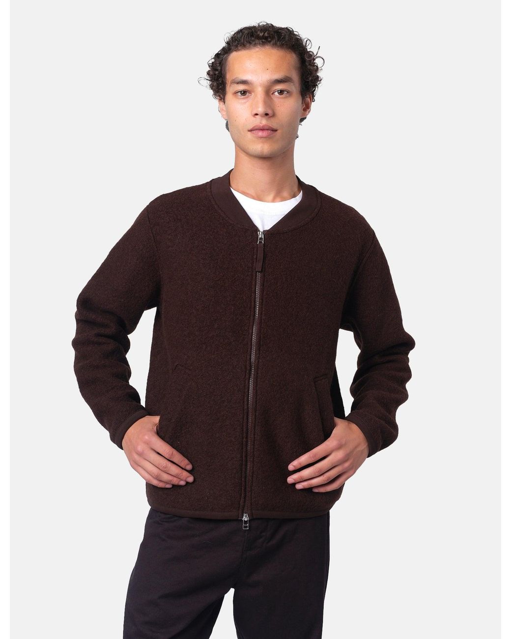 Universal Works Brown Zip Bomber Jacket (Wool Fleece) for men