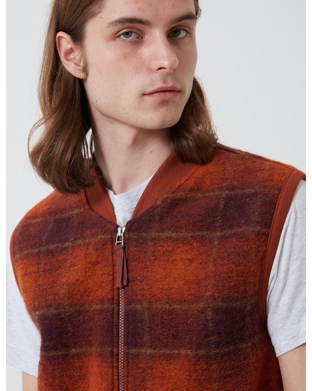 Universal Works Red Zip Waistcoat (Austin Wool Fleece) for men