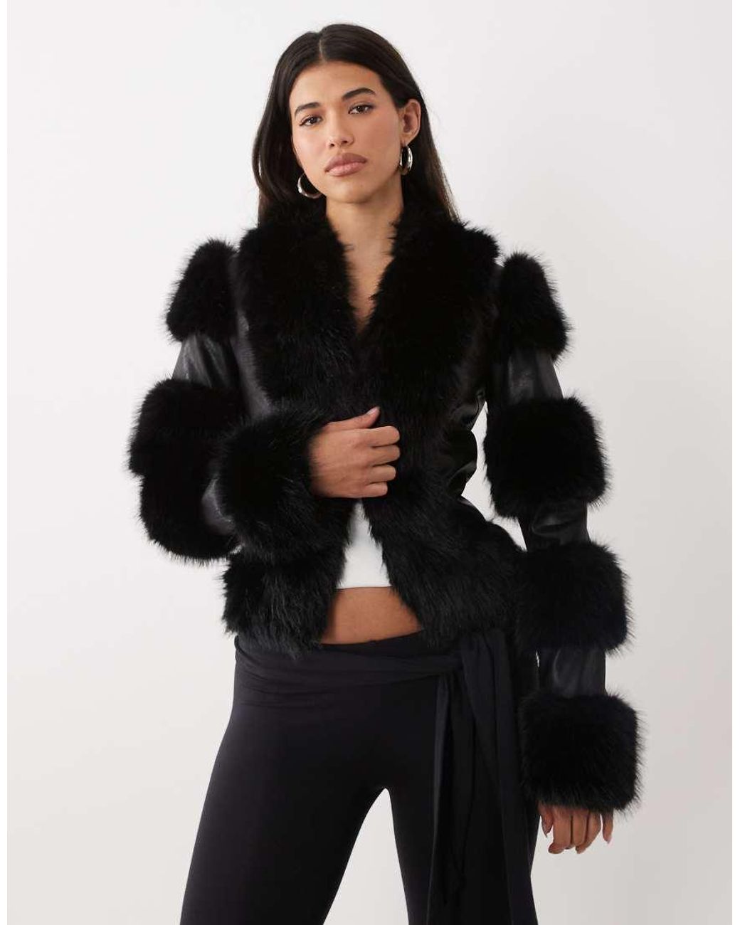 I.AM.GIA Black Vrai Textured Leather Look Panelled Faux Fur Trim Fitted Jacket