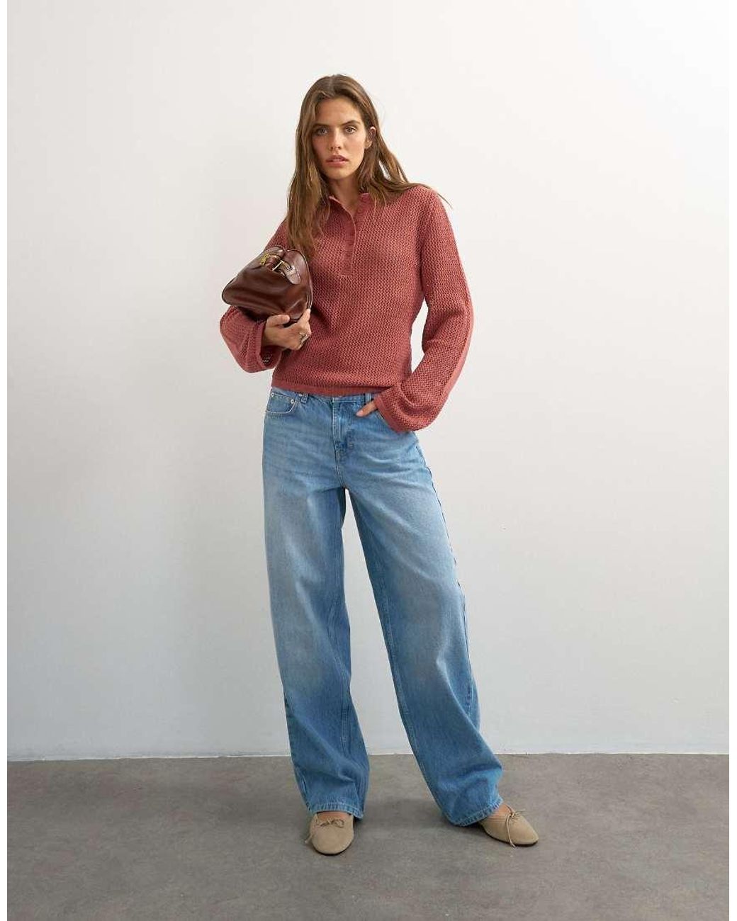 TOPSHOP Red Knitted Fine Gauge Henley Top