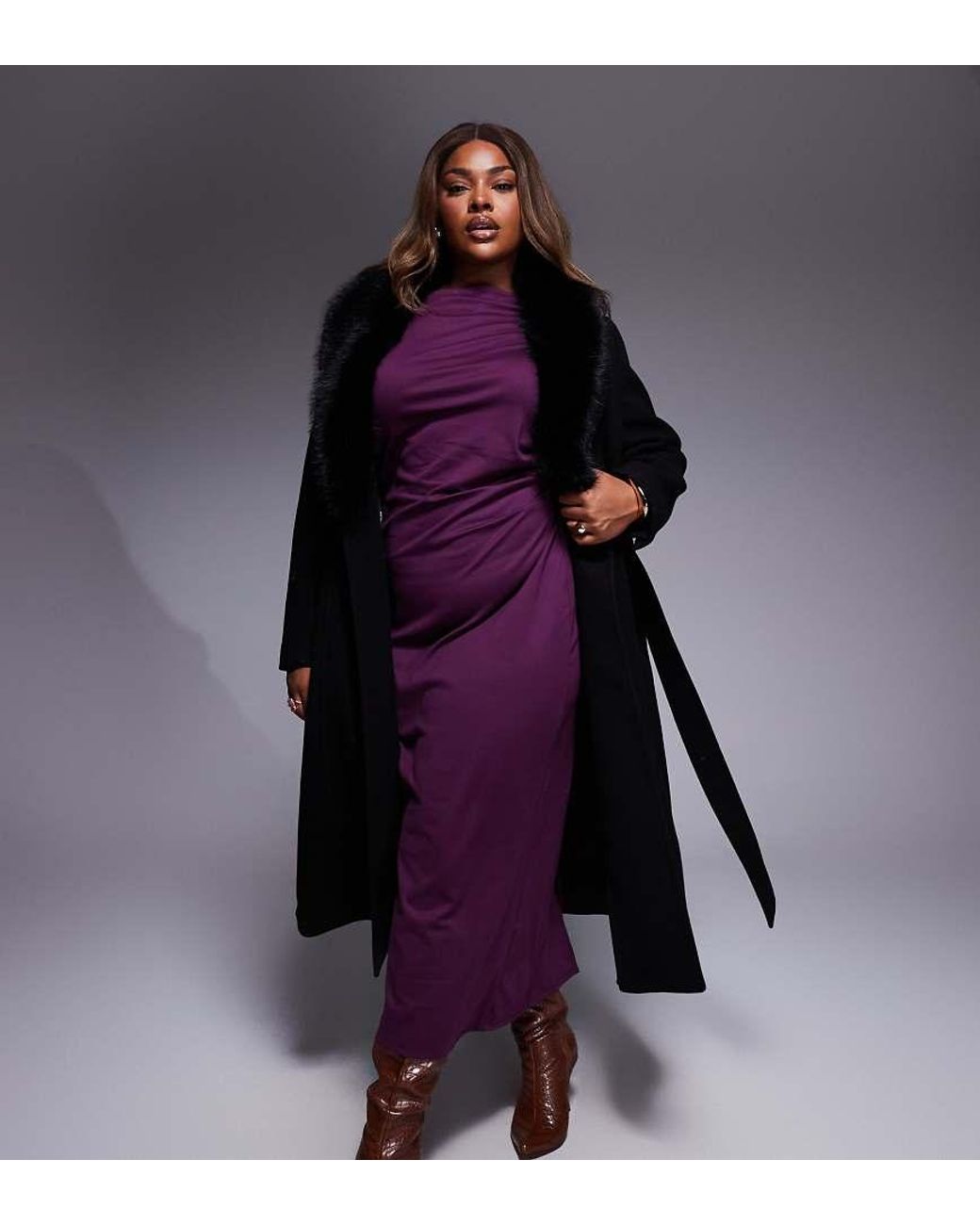 Forever New Purple Formal Belted Longline Detachable Faux Fur Shawl Collar Coat