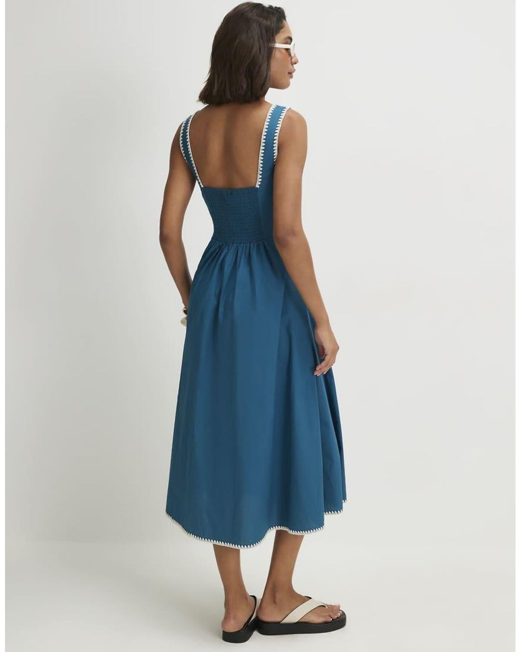 River Island Blue Cotton Whipstitch Pleated Midi Dress