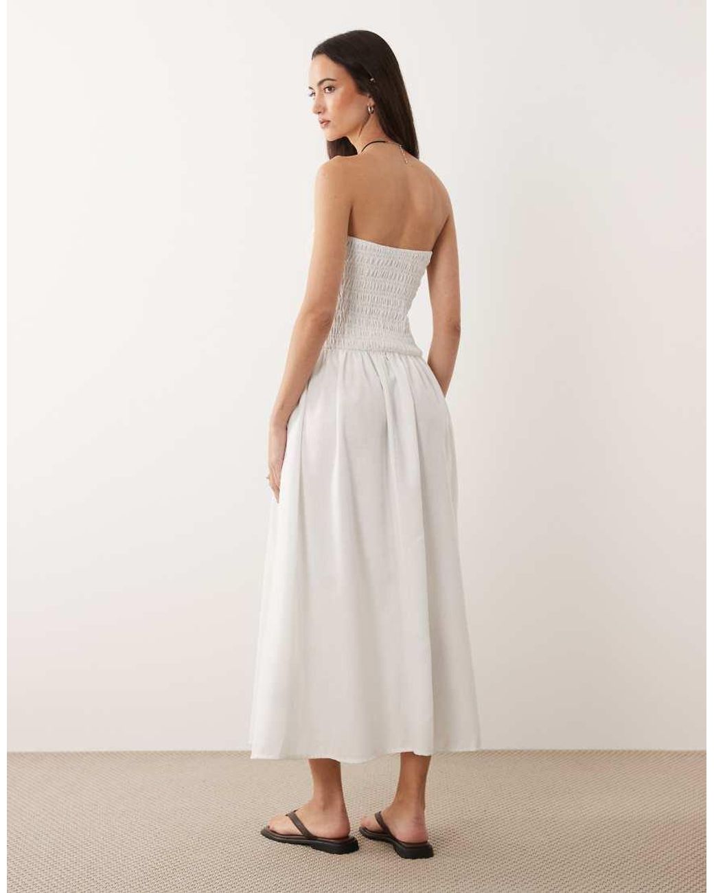Brave Soul Natural Strapless Midi Dress With Shirred Bodice
