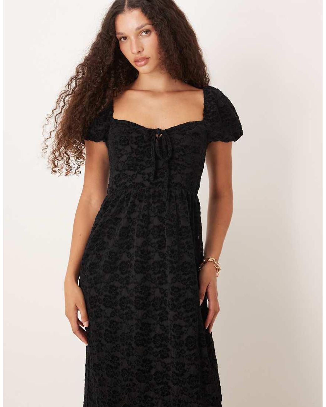 Lovedrobe Black Floral Velvet Square Neck Midaxi Dress
