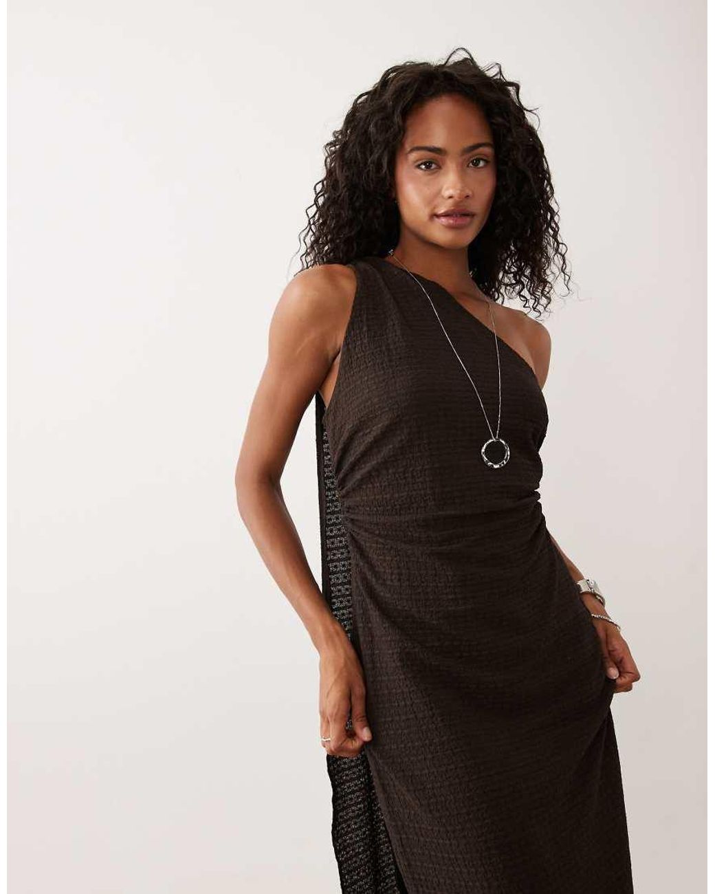 ASOS Black On Shoulder Scarf Detail Textured Midi Dress