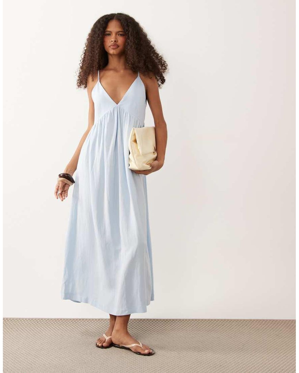 ASOS White Linen Blend Deep V Maxi Sundress