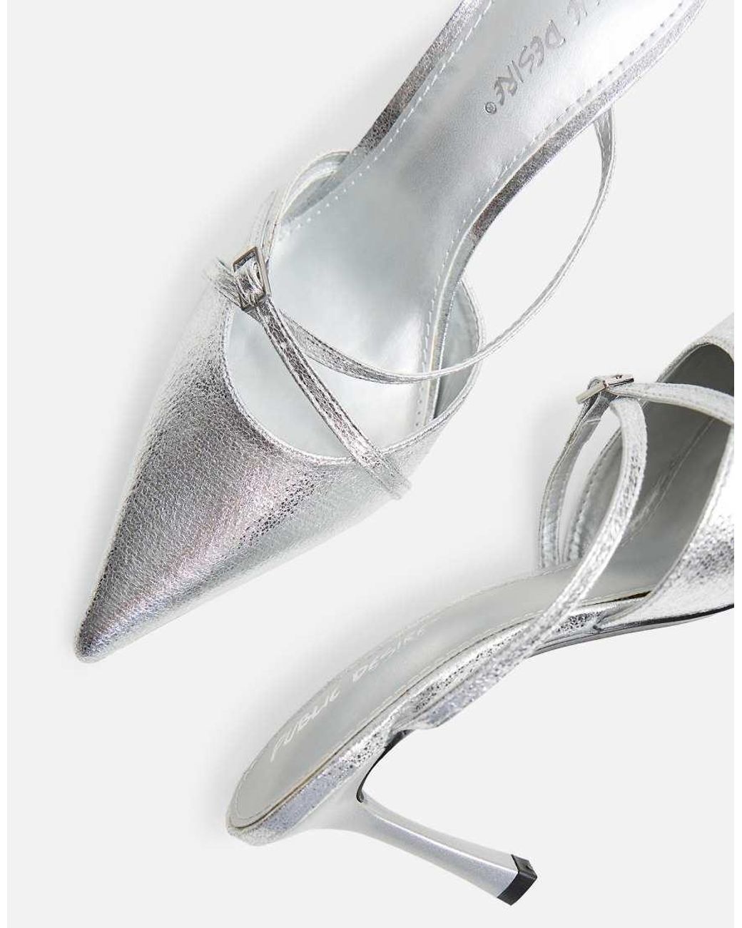 Public Desire White Casanova Cracked Buckle Detail Pointed Toe Mid Heel Mules