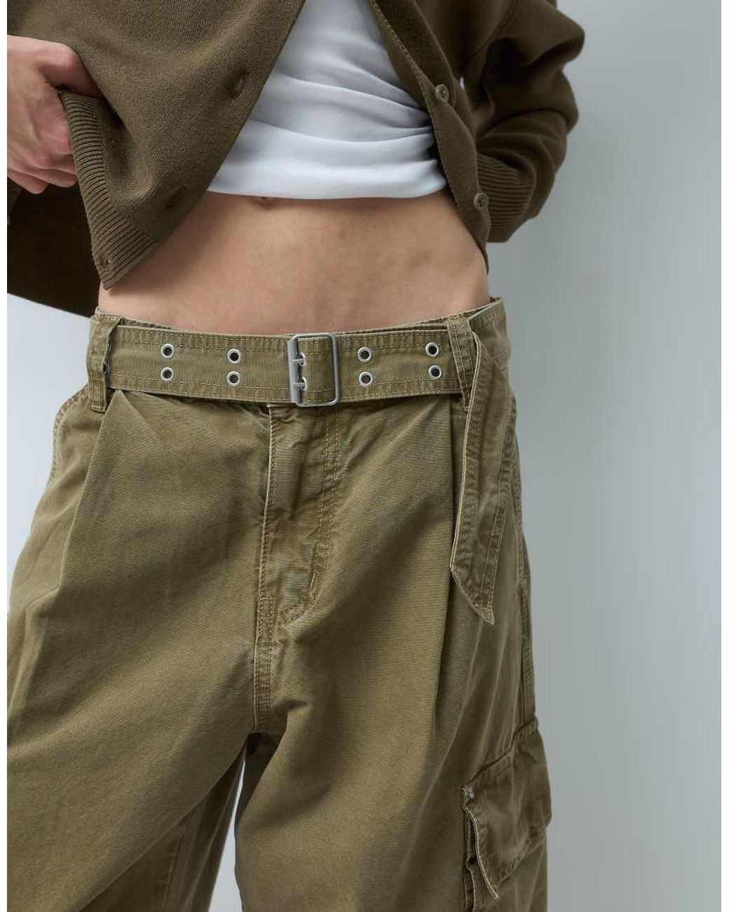 ASOS Green Asos Design Petite Roll Hem Cargo Trouser With Eyelet Belt