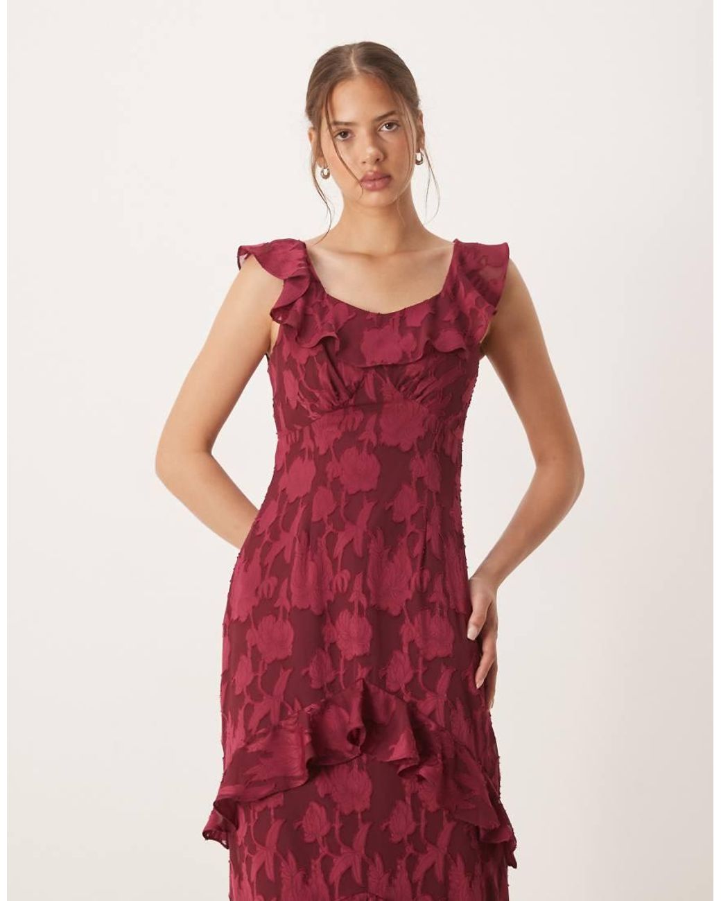 ANAYA Red Floral Burnout Ruffle Maxi Dress