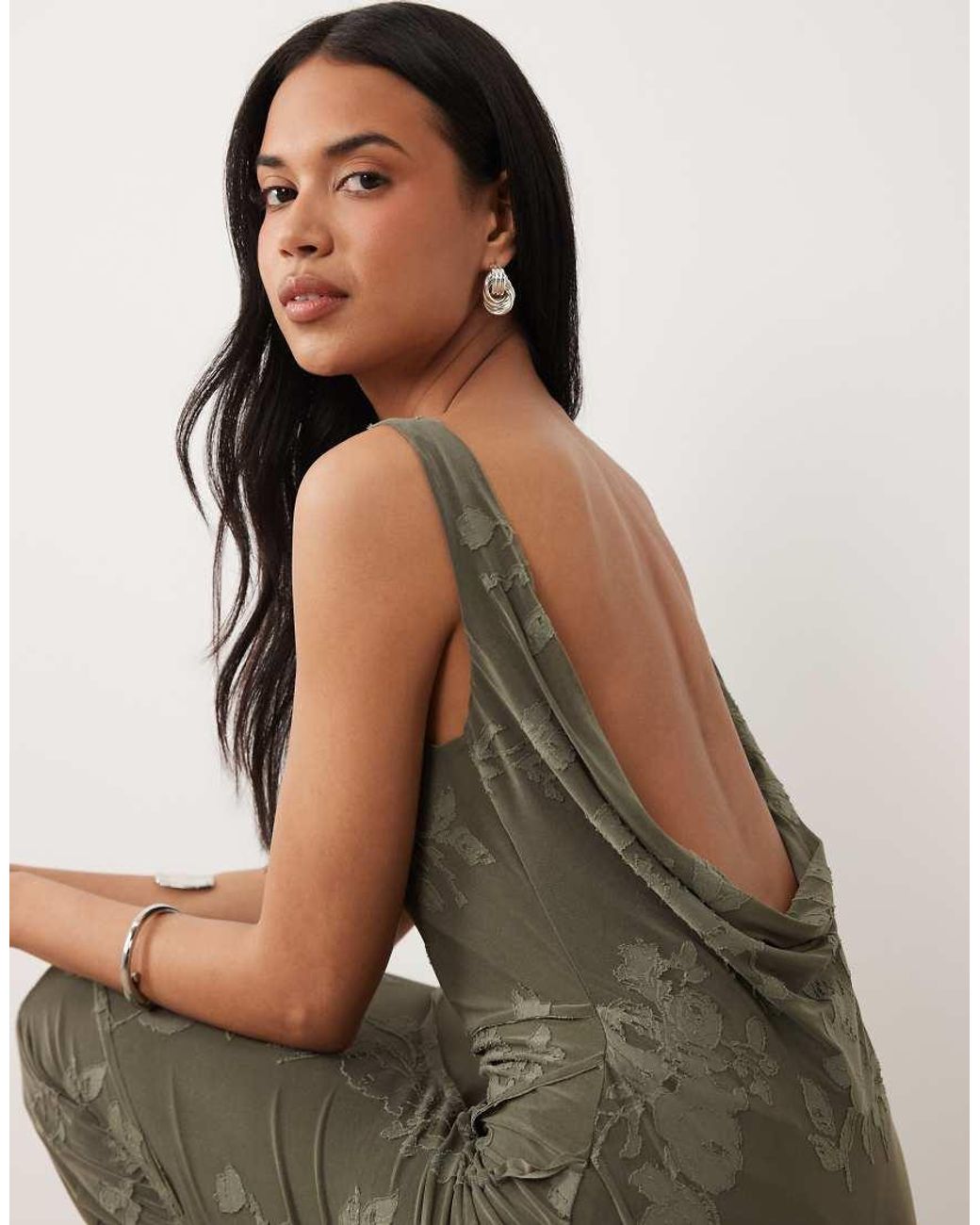 ASOS Green Raw Seam Cowl Back Devore Maxi Dress