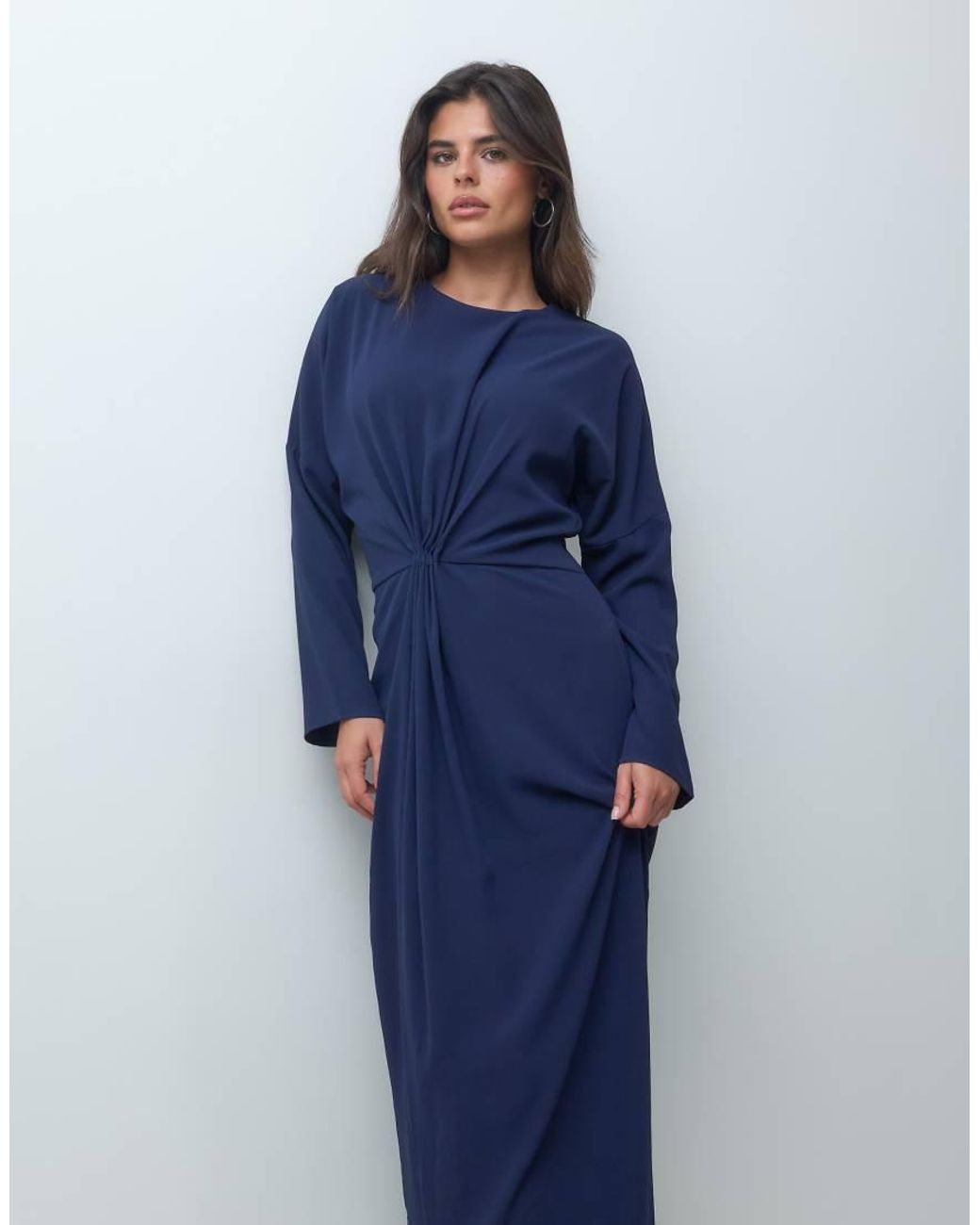 Iyal Blue Crepe Twist Front Detail Wide Sleeve Maxi Dress