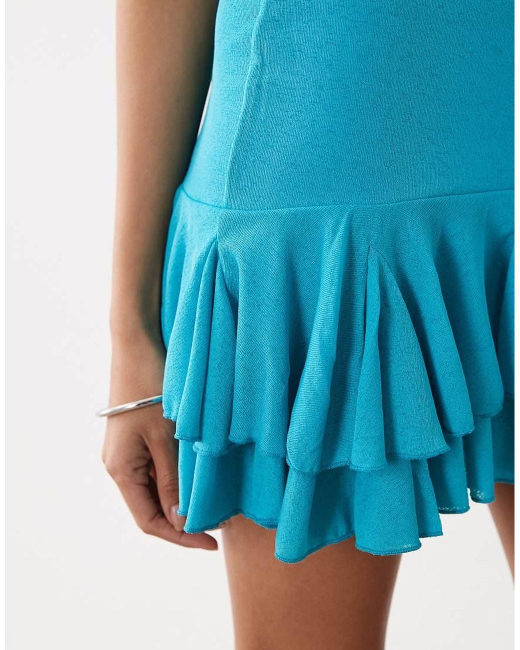 Kaiia Blue Foldover Detail Off One Shoulder Asymmetric Frill Hem Mini Dress