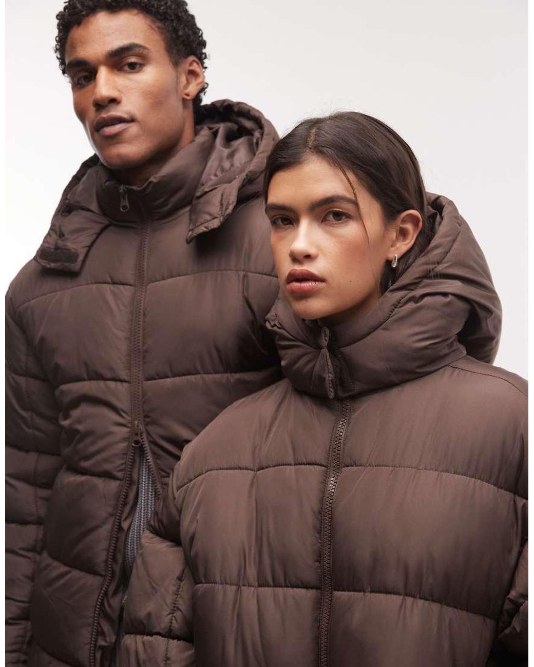 Collusion Brown Unisex Longline Hooded Maxi Puffer Coat