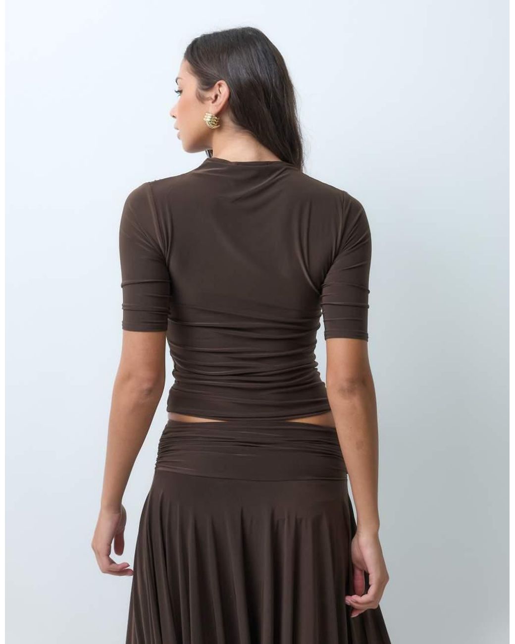 Kaiia Brown Exclusive Double Sculpted Slinky Wrap Front Detail 3/Sleeve Top Co-Ord