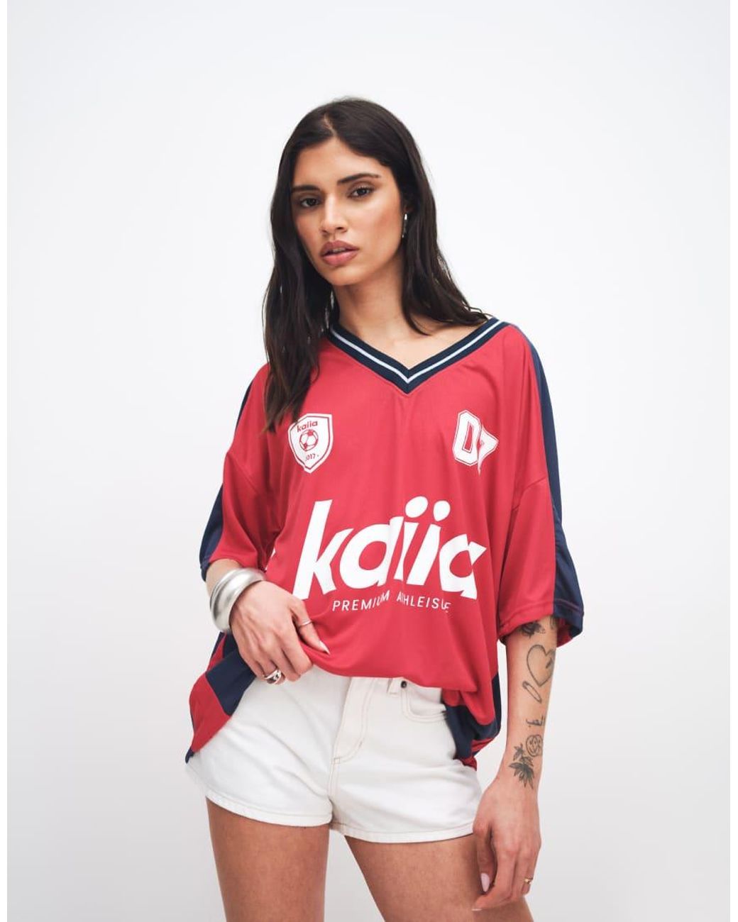 Kaiia Red Exclusive Oversized V-neck Soccer Jersey