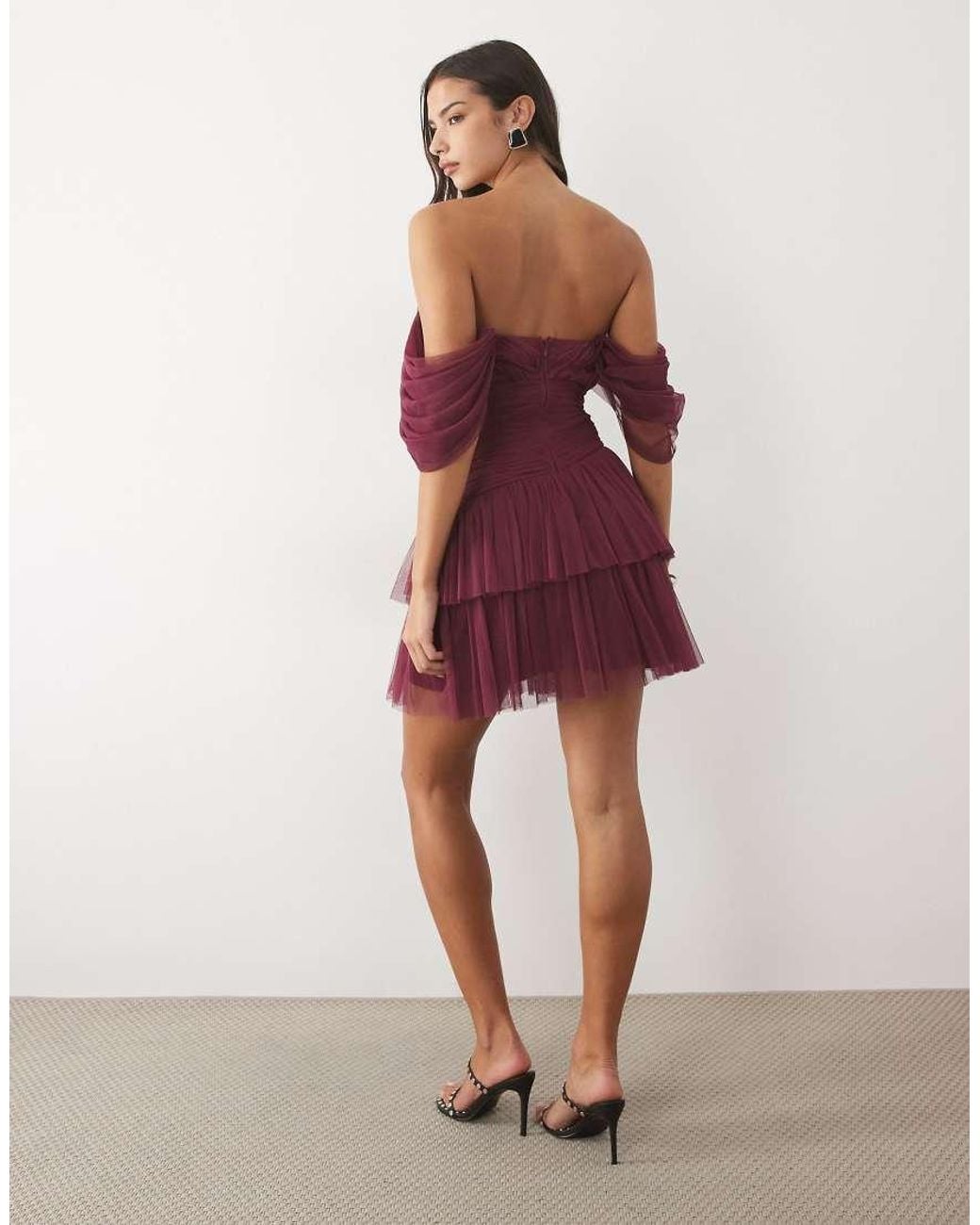 LACE & BEADS Tulle Fallen Shoulder Shirred Waist Tiered Skirt Mini Dress