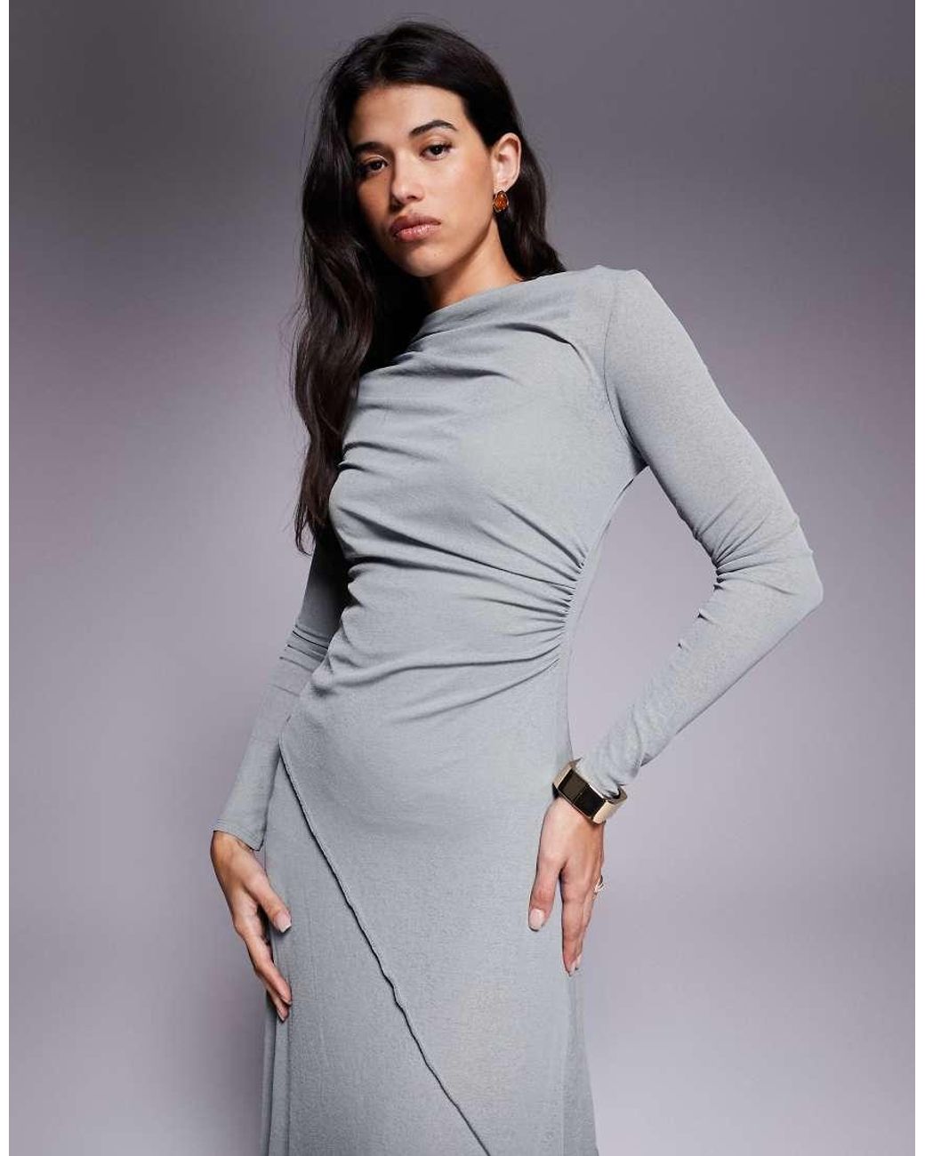 ASOS Purple Long Sleeve Drape Detail Maxi Dress