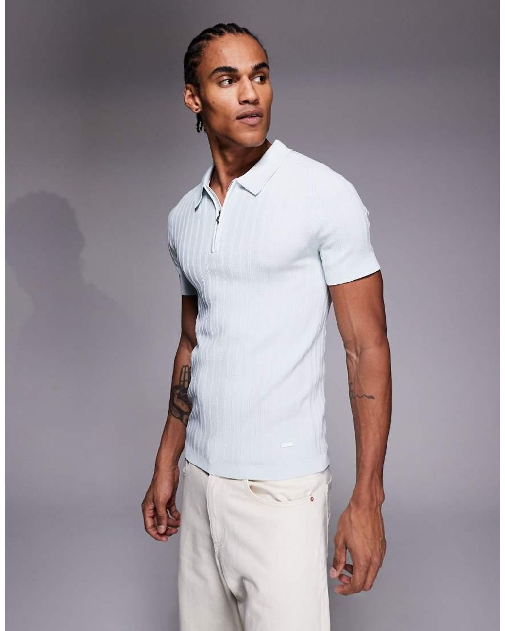 River Island Blue Ribbed Muscle Polo for men
