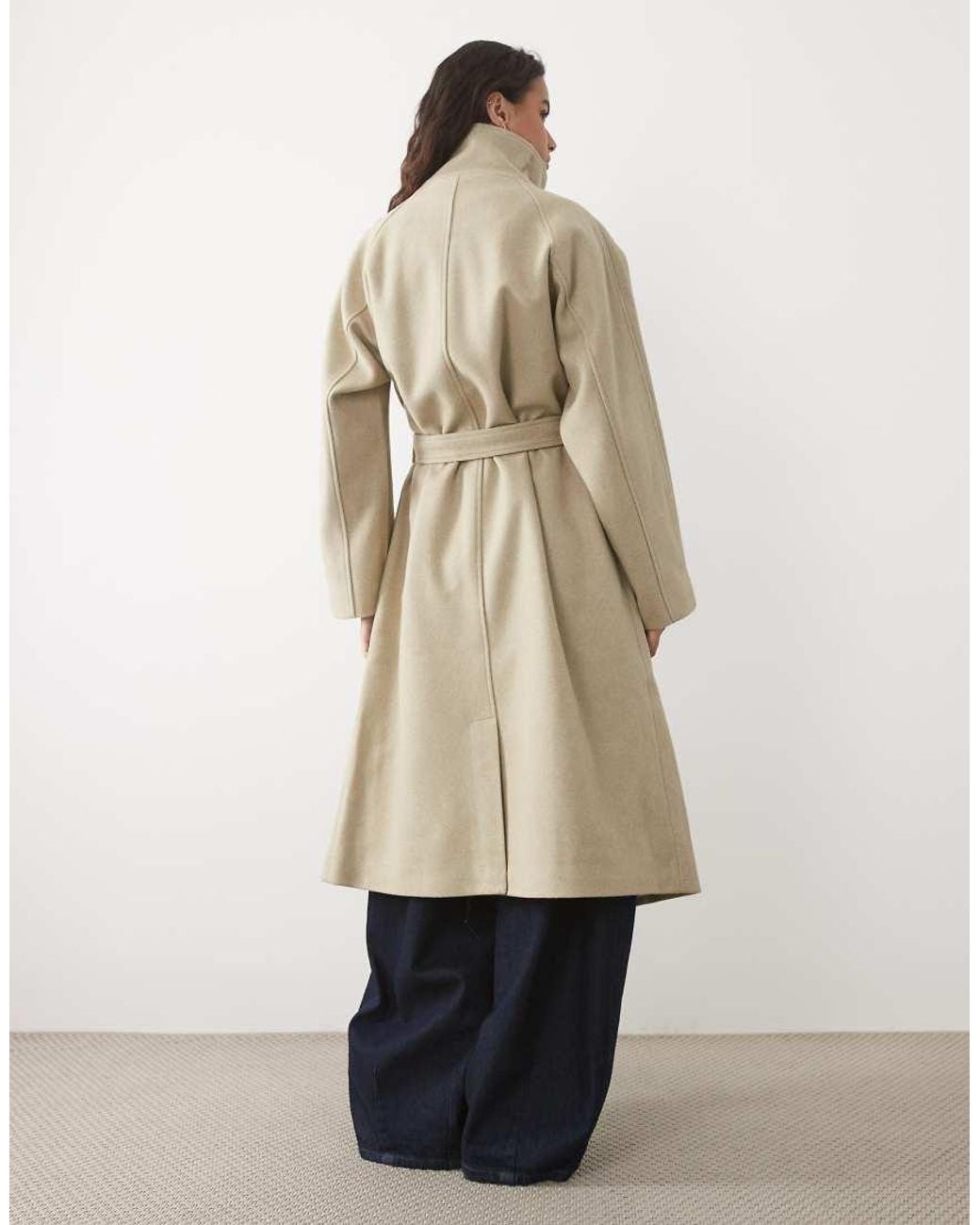 Pieces Natural Funnel Neck Belted Formal Wool-Feel Coat