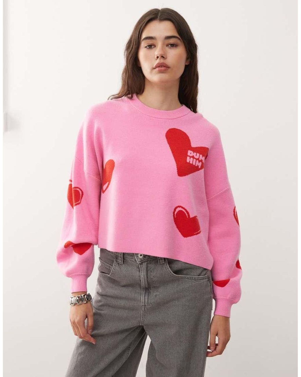 Noisy May Pink Red Heart Knit Jumper With Dump Him
