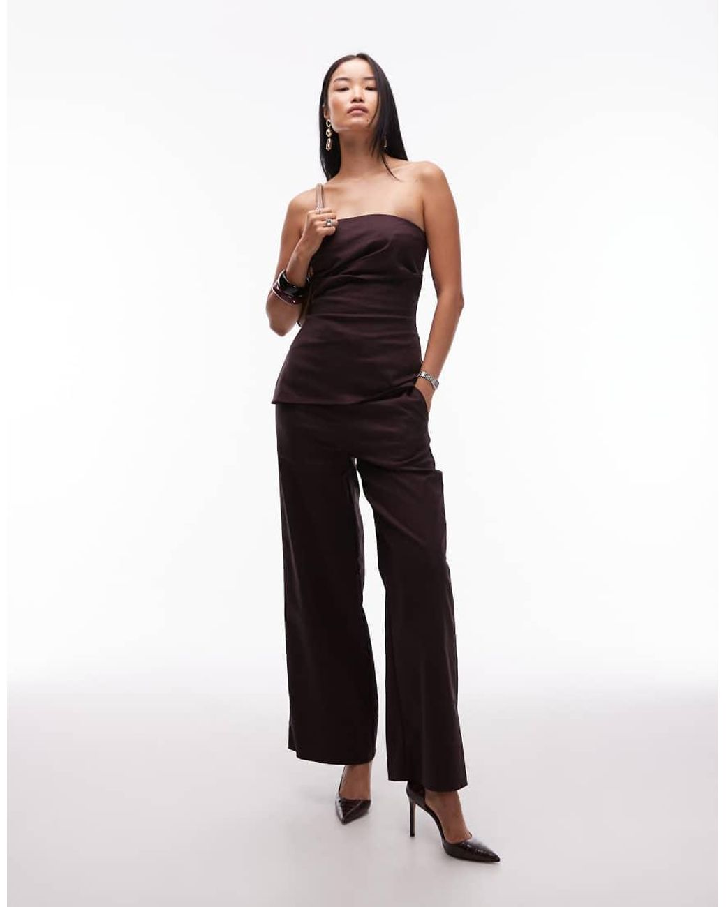 SNDY'S Brown Tailored Bandeau Ruched Detail Longline Top Co-ord