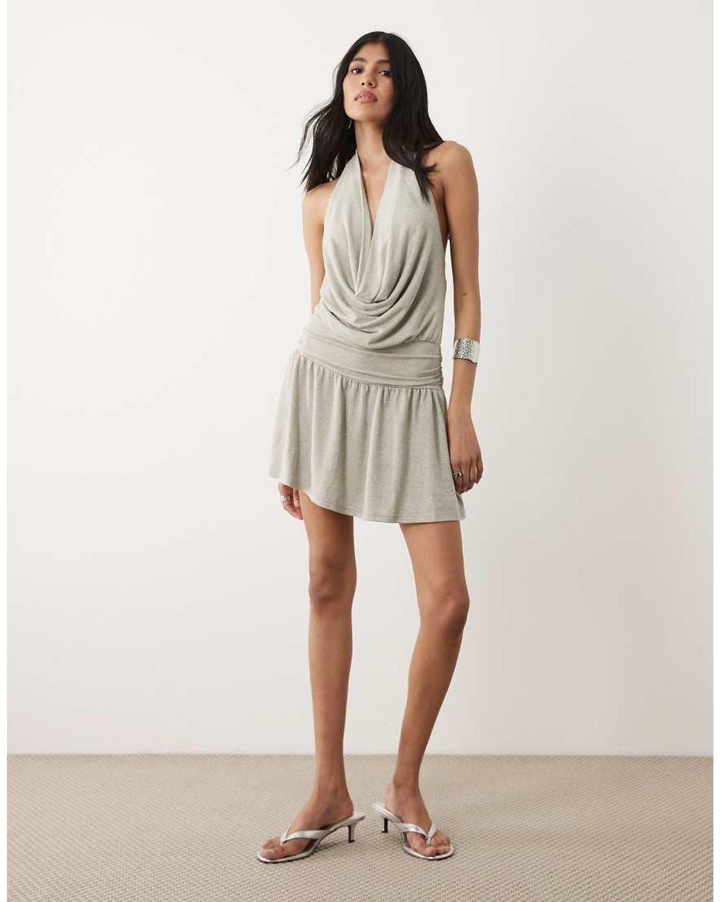 Motel White Astara Cowl Neck Ruched Mini Dress