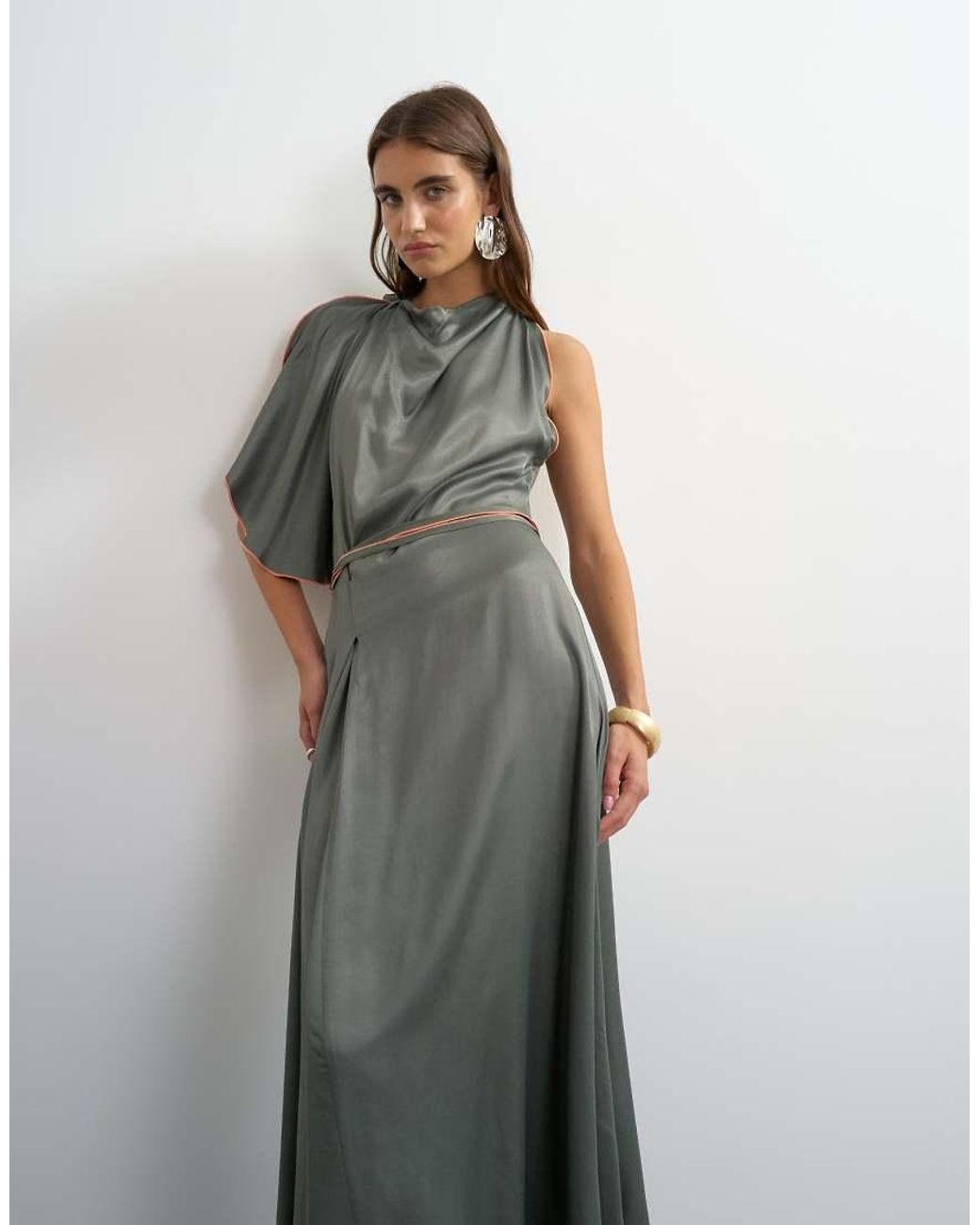 TOPSHOP Gray Satin High Cowl Neck Asymmetric Maxi Dress With Peach Contrast Trim
