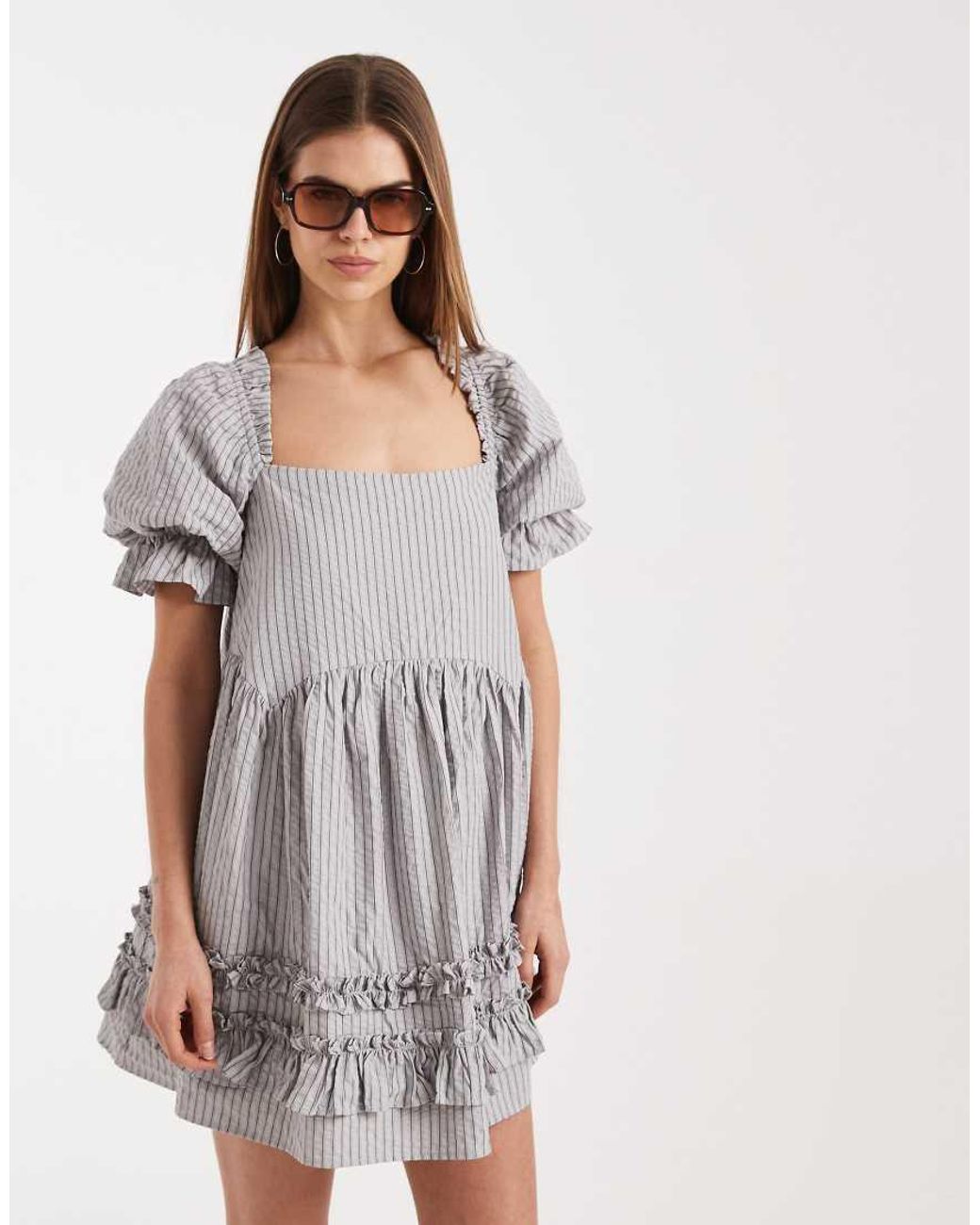 Daisy Street White Puff Sleeve Smock Mini Dress With Ruffles