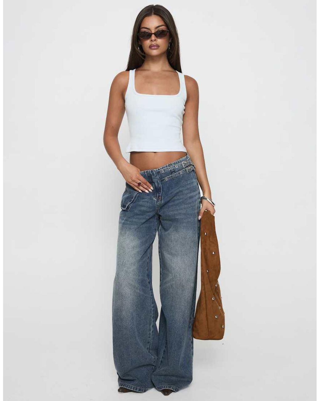 Princess Polly Blue Paltrow Mid Rise Eyelet Belt Waist Detail Wide Leg Jeans