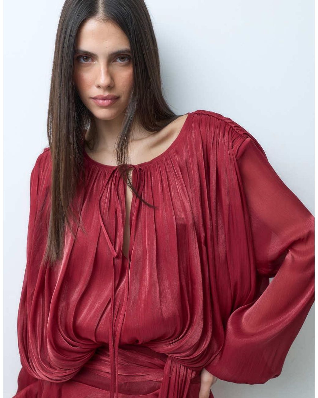 Lioness Red Exclusive Elements High Sheen Chiffon Drape Detail Balloon Sleeve Tie Waist Mini Dress