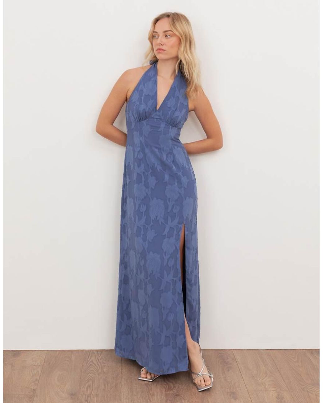 ANAYA Blue Floral Burnout Halter Neck Maxi Dress